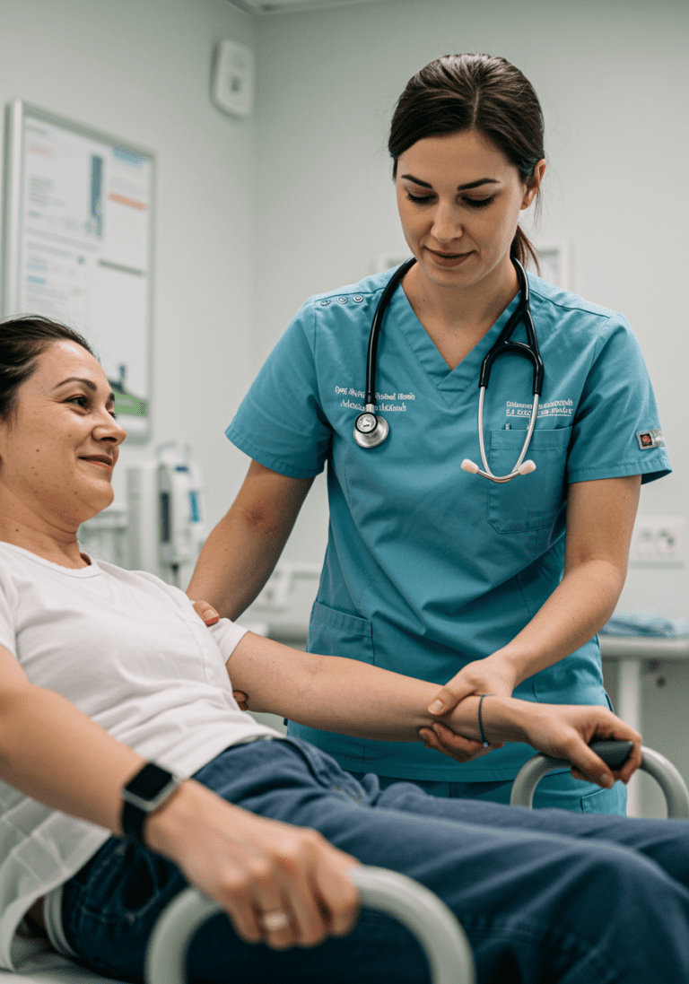 Auxiliar de enfermería ayudando a un paciente a movilizarse en un entorno clínico.