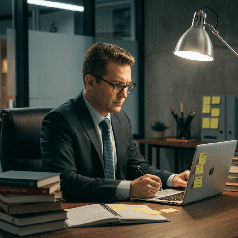 Profesional estudiando inglés financiero en una oficina moderna, con libros y notas en inglés y español sobre finanzas, reflejando aprendizaje y desarrollo profesional.