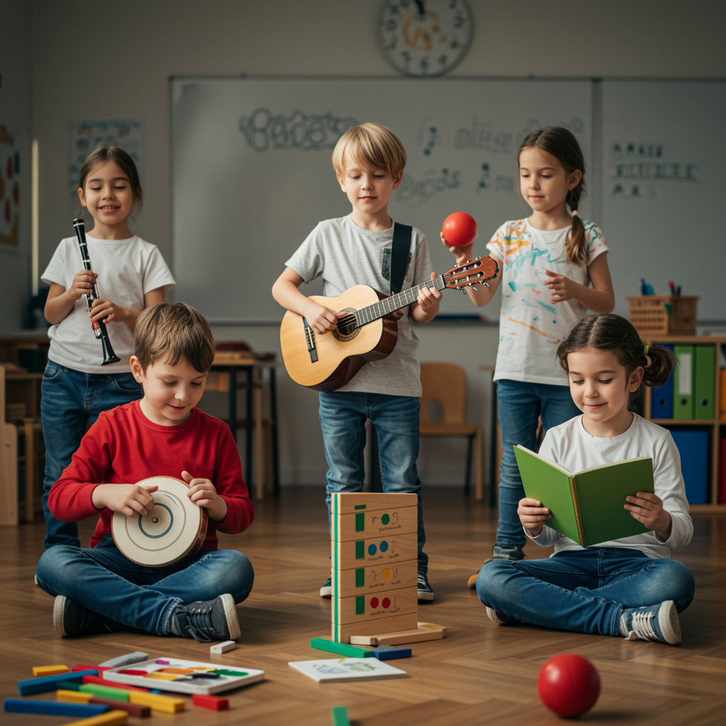 Grupo de niños realizando diferentes actividades educativas en un aula: música, pintura, lectura, deportes y rompecabezas, mostrando diversidad.