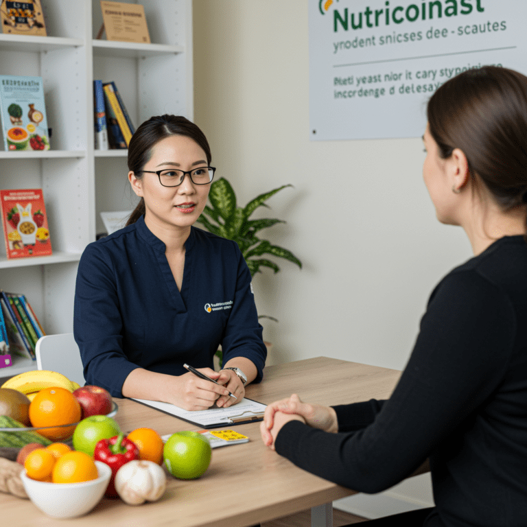 Nutricionista conversando con un paciente en una consulta, con frutas y verduras frescas sobre la mesa, reflejando hábitos saludables y asesoramiento.