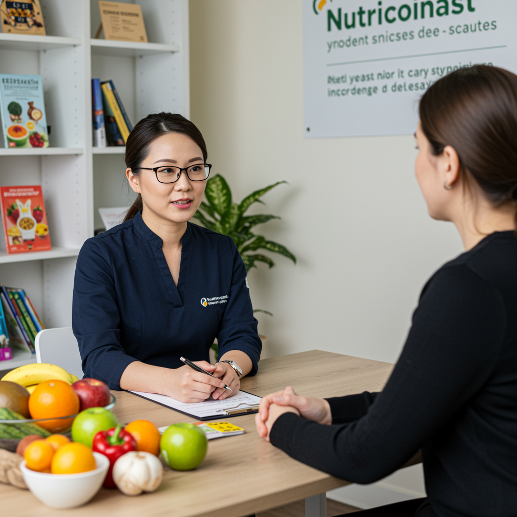 Nutricionista conversando con un paciente en una consulta, con frutas y verduras frescas sobre la mesa, reflejando hábitos saludables y asesoramiento.
