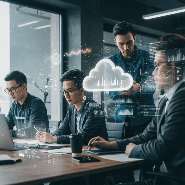 Equipo empresarial usando herramientas digitales en un entorno digitalizado