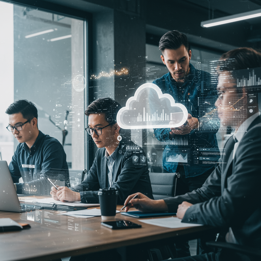 Equipo empresarial usando herramientas digitales en un entorno digitalizado