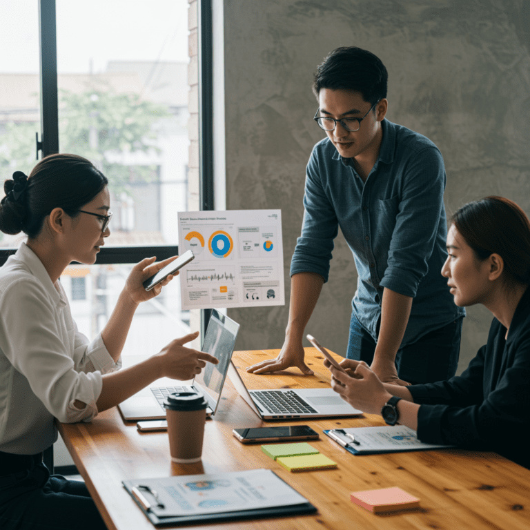 Equipo de marketing digital diseñando estrategias de redes sociales y digitalización en un entorno de oficina real.