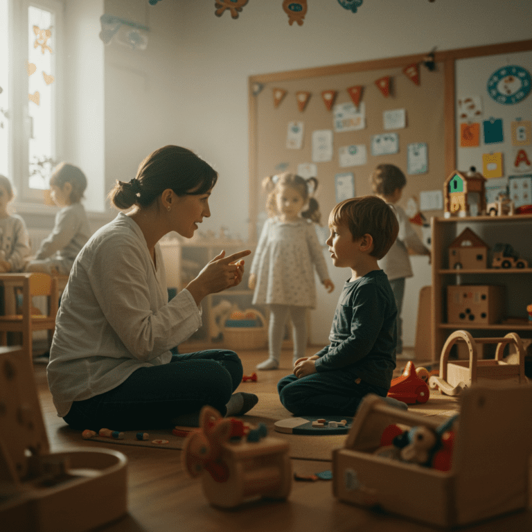 Mujer adulta sentada en el suelo interactuando con un niño pequeño en un aula de educación infantil decorada y llena de juguetes, con otros niños jugando al fondo.