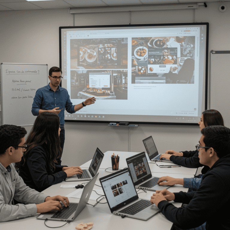 Clase de diseño de páginas web para hostelería, con alumnos creando sitios web de restaurantes.