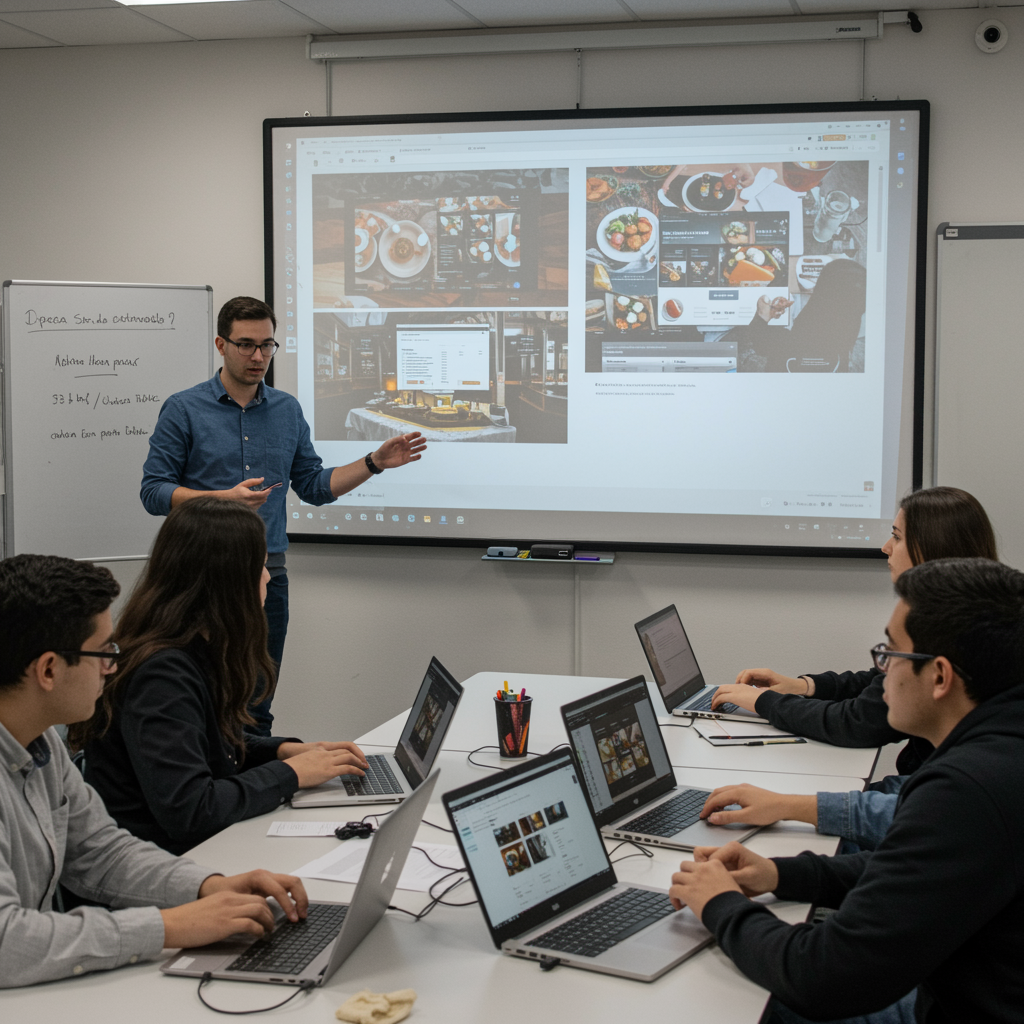 Clase de diseño de páginas web para hostelería, con alumnos creando sitios web de restaurantes.