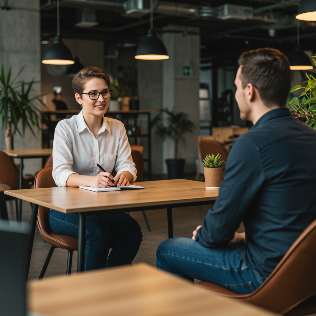 Persona entrevistando a un candidato en un espacio moderno y acogedor, reflejando una conversación profesional y cercana.