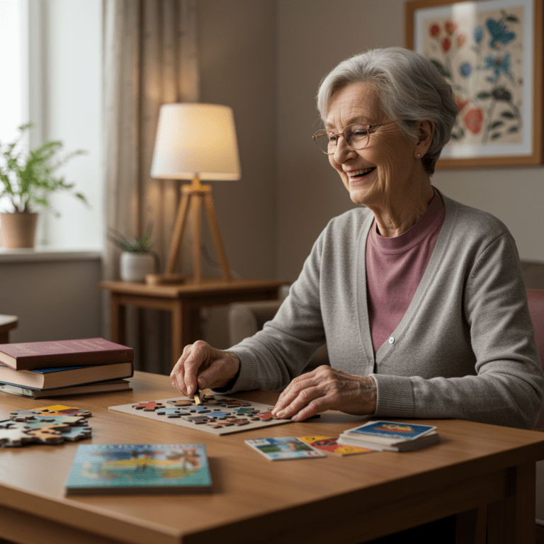 Persona mayor realizando ejercicios cognitivos con puzzles y cartas en una sala luminosa, acompañada de un ambiente acogedor y profesional.