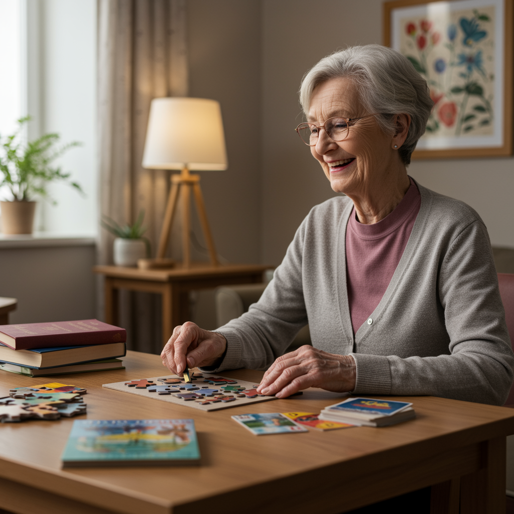 Persona mayor realizando ejercicios cognitivos con puzzles y cartas en una sala luminosa, acompañada de un ambiente acogedor y profesional.