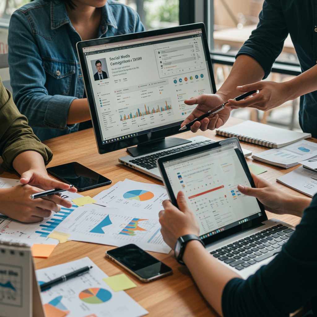 Equipo joven trabajando en una campaña digital en un entorno moderno, con ordenadores y materiales físicos.