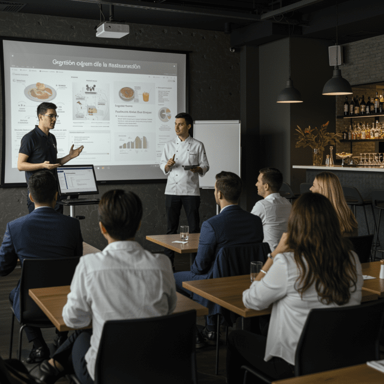 Aula de formación en gestión de la restauración con alumnos atentos, instructor explicando procesos de organización y planificación.