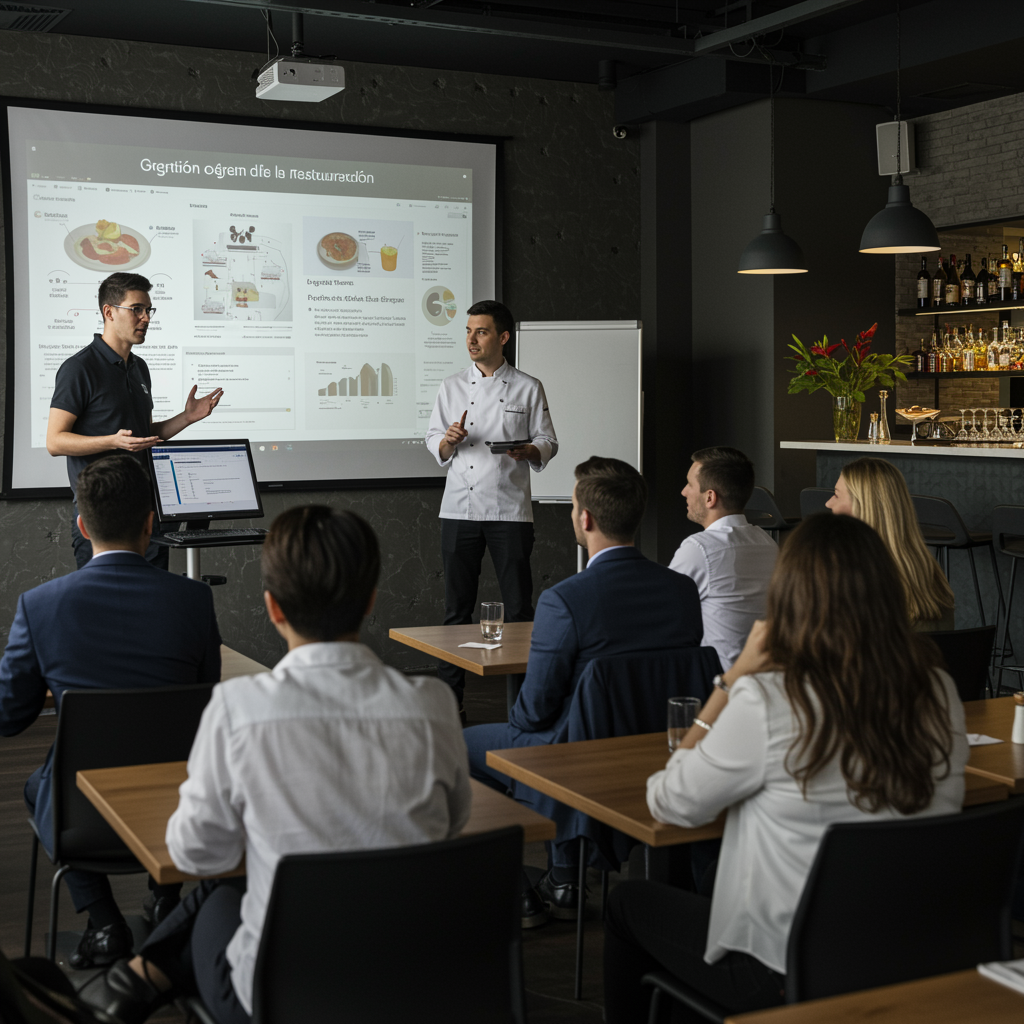 Aula de formación en gestión de la restauración con alumnos atentos, instructor explicando procesos de organización y planificación.
