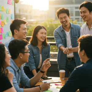 Grupo de personas colaborando en una actividad al aire libre, mostrando empatía, escucha activa y trabajo en equipo.