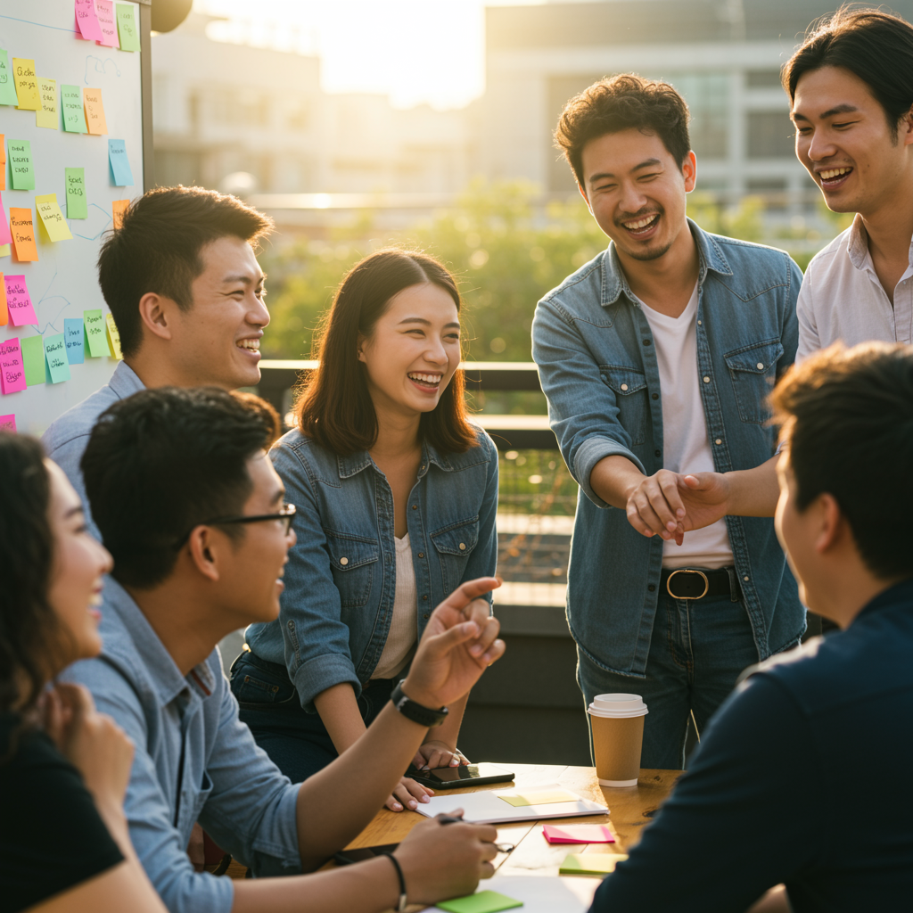 Grupo de personas colaborando en una actividad al aire libre, mostrando empatía, escucha activa y trabajo en equipo.