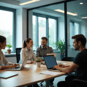 profesionales colaborando en línea con herramientas de Office 365 en una oficina.