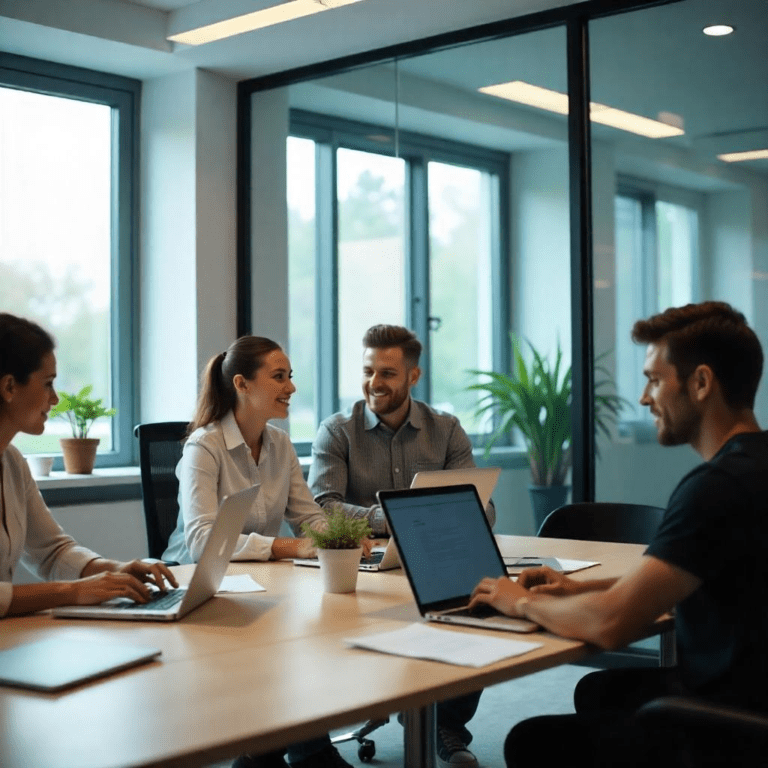profesionales colaborando en línea con herramientas de Office 365 en una oficina.