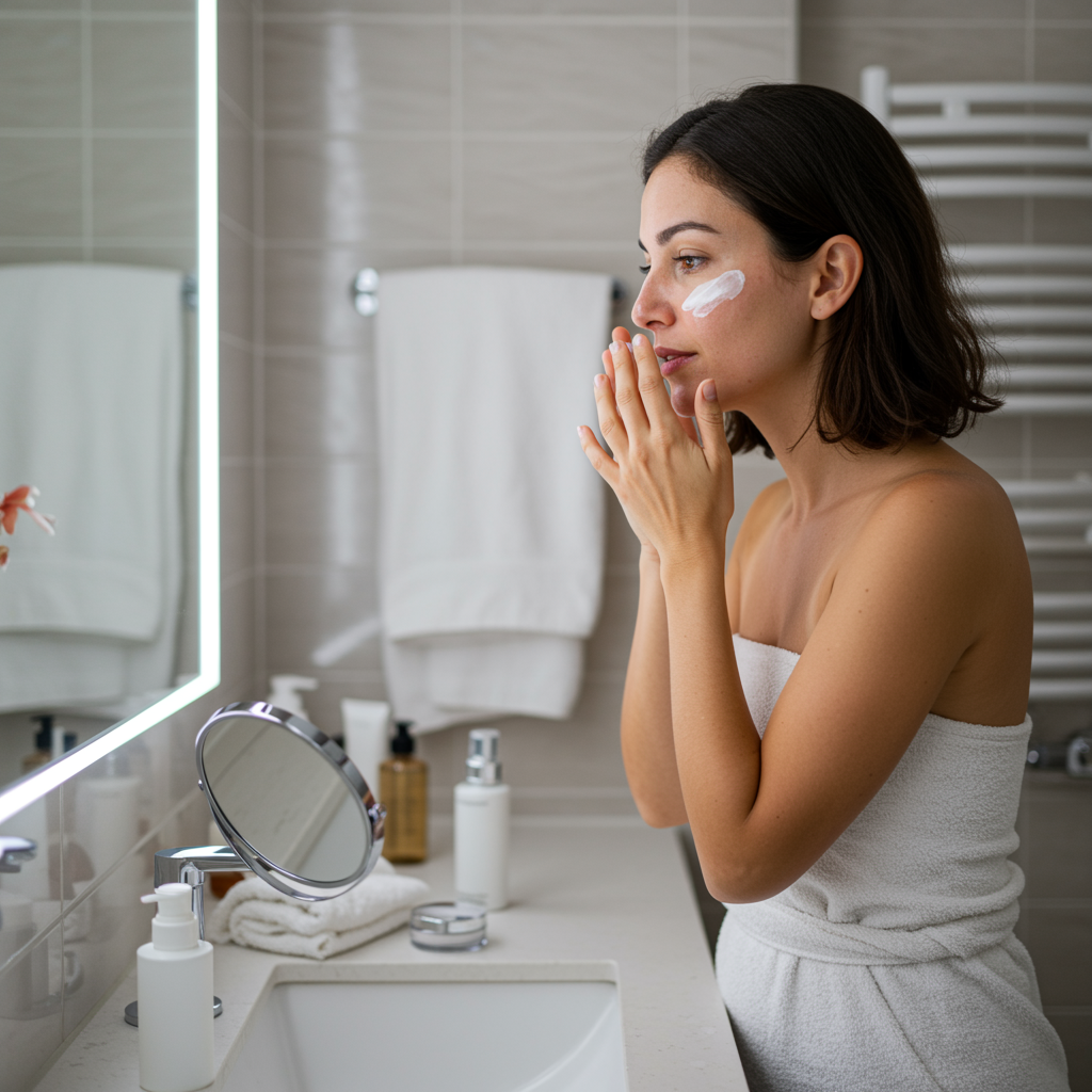 Mujer aplicándose crema hidratante frente al espejo en un baño luminoso.