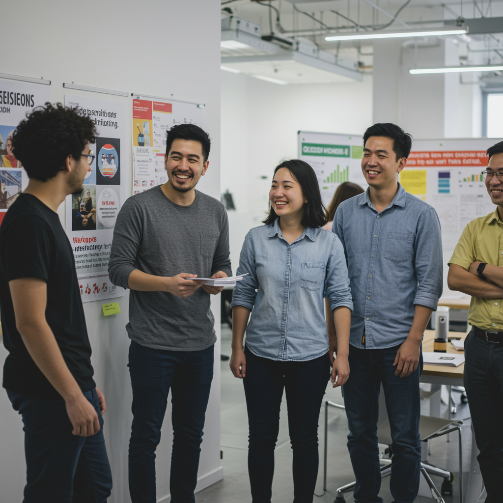 Grupo diverso de empleados colaborando en un taller de igualdad en una oficina moderna y cercana.