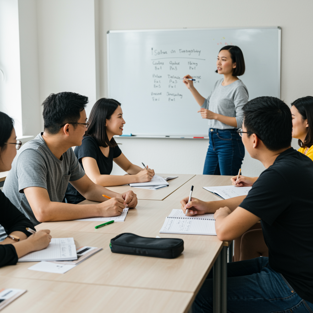 Grupo de adultos aprendiendo frases básicas en inglés en un aula con pizarra y materiales impresos.