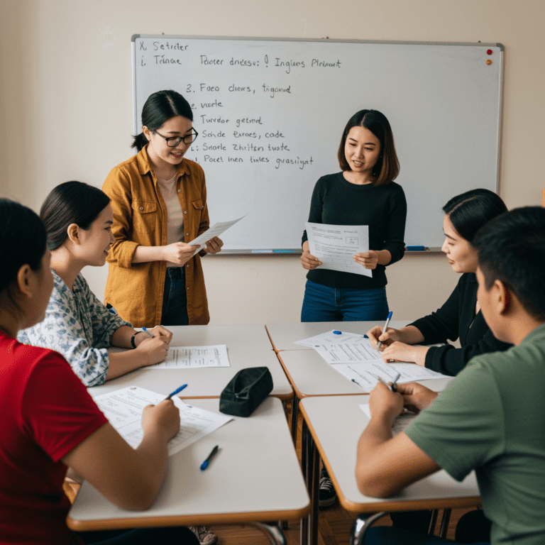 Estudiantes practicando diálogos en inglés en parejas, en un aula luminosa con ambiente relajado.