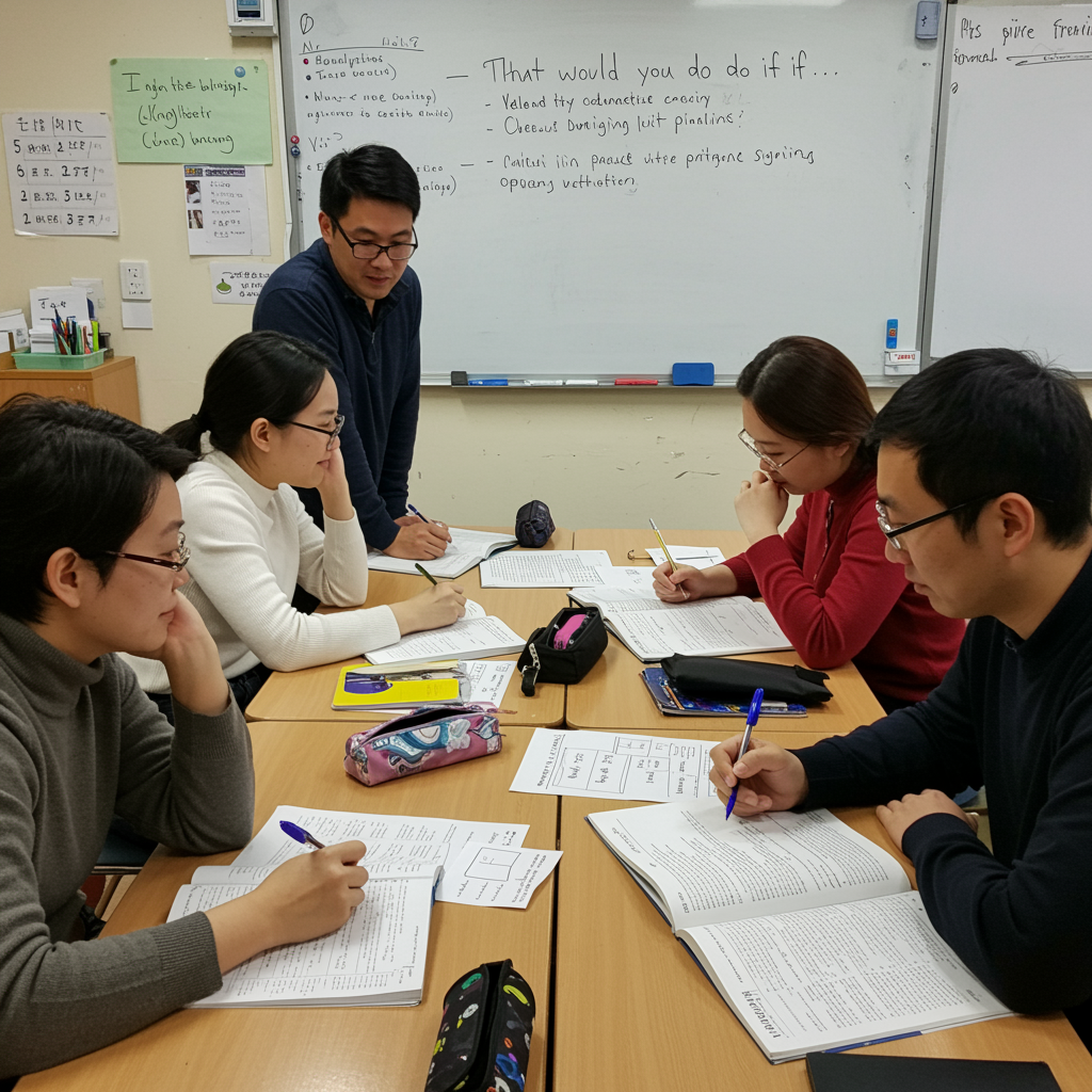 Grupo de alumnos preparando una presentación o debate en inglés con apuntes y libros.