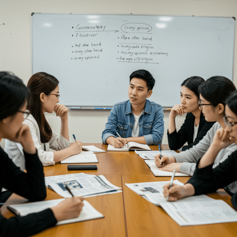 Adultos debatiendo temas de actualidad en inglés en una sala de formación profesional.