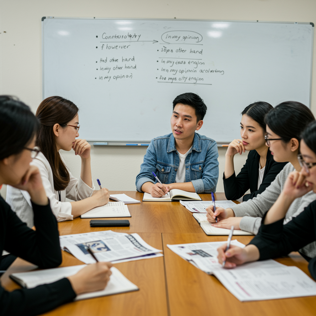 Adultos debatiendo temas de actualidad en inglés en una sala de formación profesional.