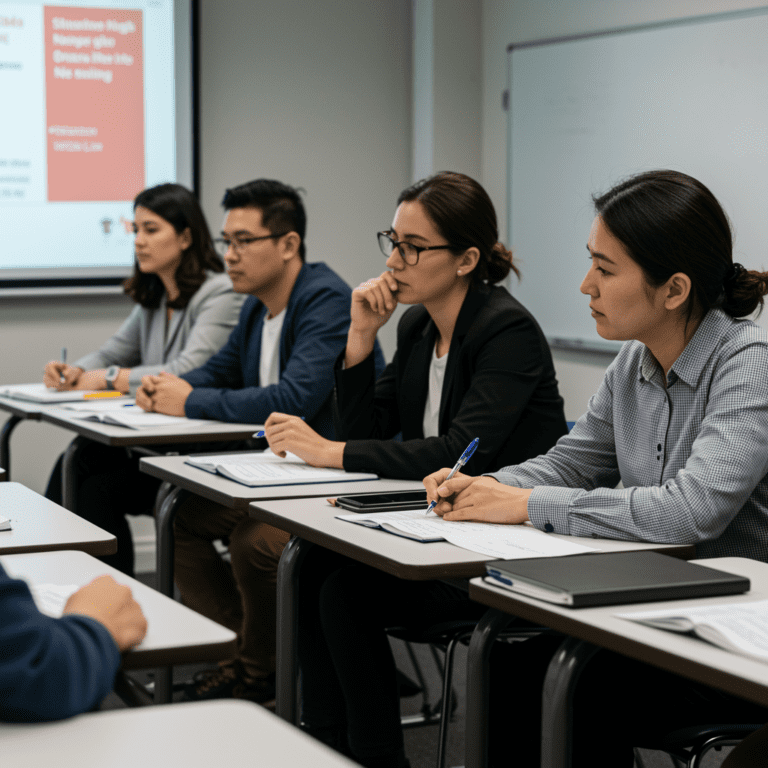 Personas presentando y discutiendo ideas complejas en inglés en un entorno universitario o profesional.