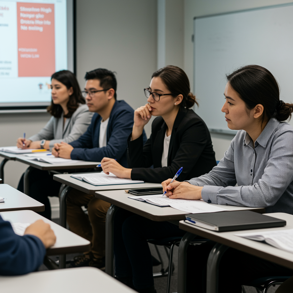 Personas presentando y discutiendo ideas complejas en inglés en un entorno universitario o profesional.