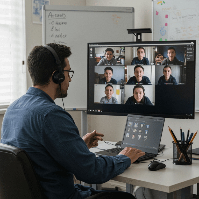 Formador online impartiendo clase virtual con alumnos conectados a distancia.