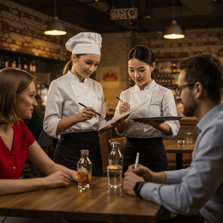 Personal de restaurante practicando inglés para restauración con clientes.