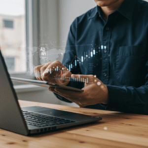 Profesional del sector financiero usando inteligencia artificial para analizar datos económicos en una oficina.