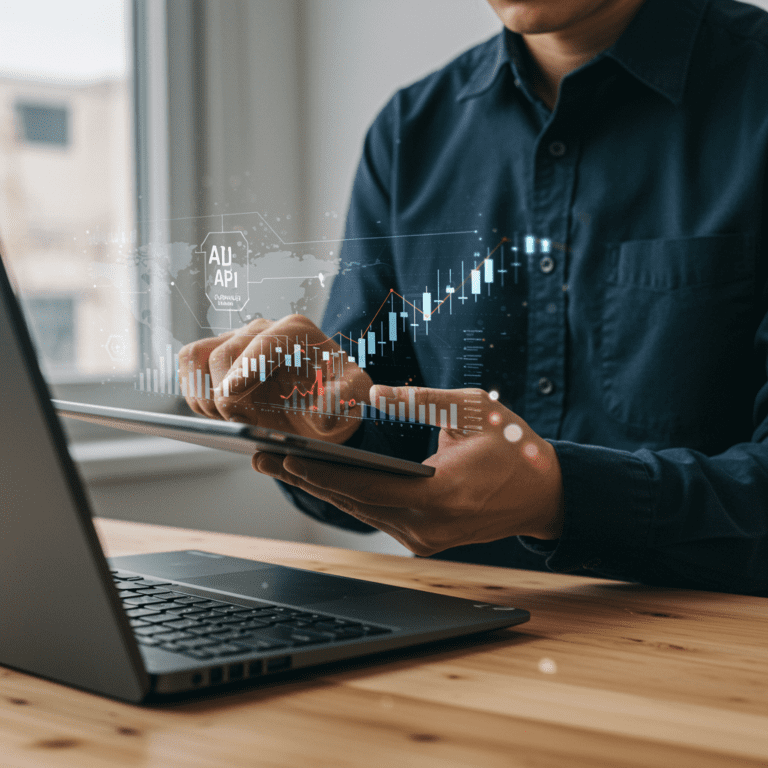 Profesional del sector financiero usando inteligencia artificial para analizar datos económicos en una oficina.