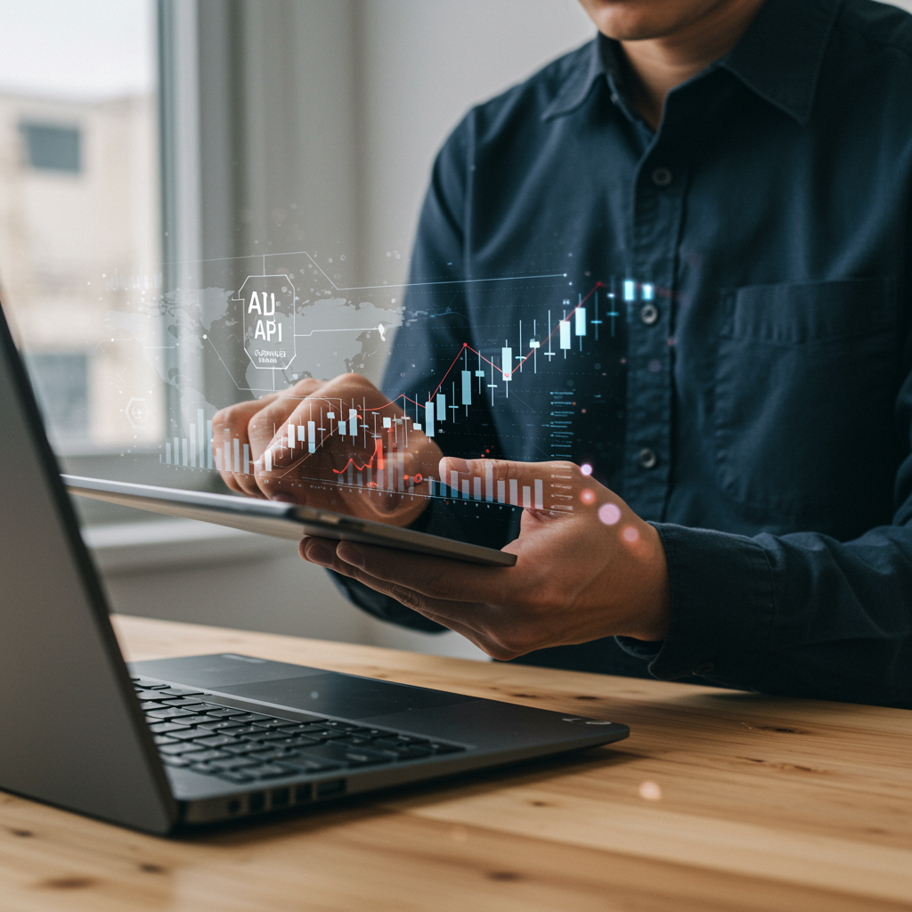 Profesional del sector financiero usando inteligencia artificial para analizar datos económicos en una oficina.