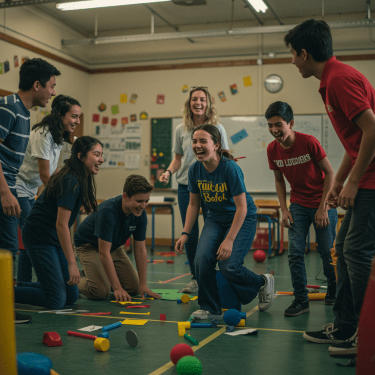 Grupo de adolescentes participando en una dinámica de juegos y actividades con bloques y pelotas en el suelo de un aula escolar, guiados por una persona adulta.