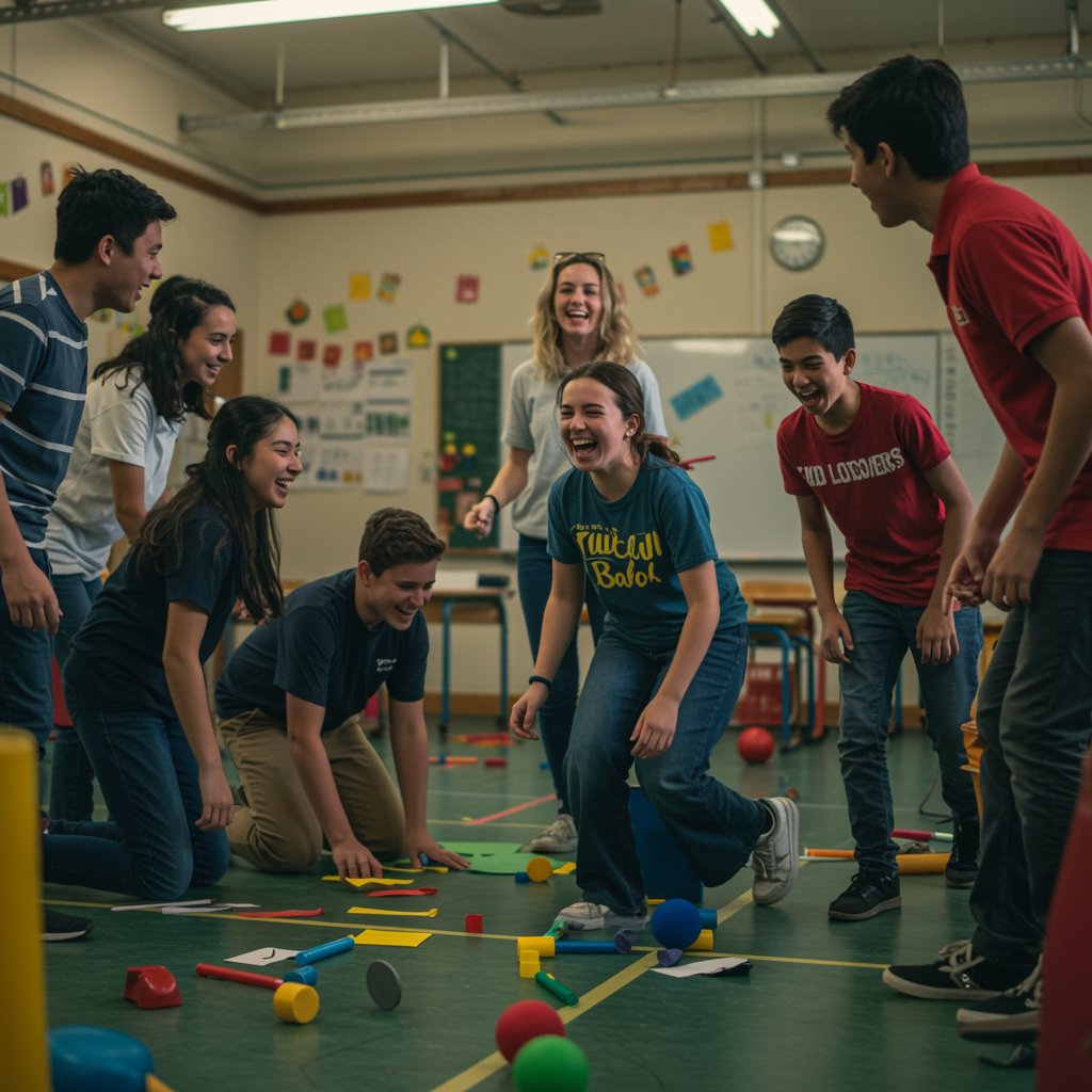 Grupo de adolescentes participando en una dinámica de juegos y actividades con bloques y pelotas en el suelo de un aula escolar, guiados por una persona adulta.