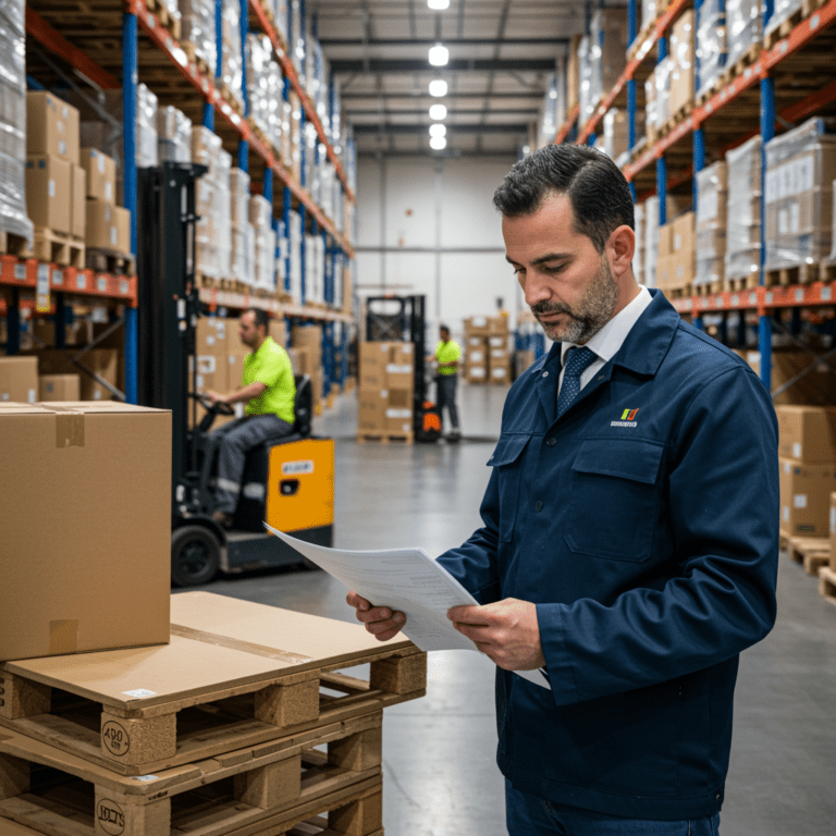 Responsable logístico revisando mercancía en un almacén real con entradas y salidas de productos.