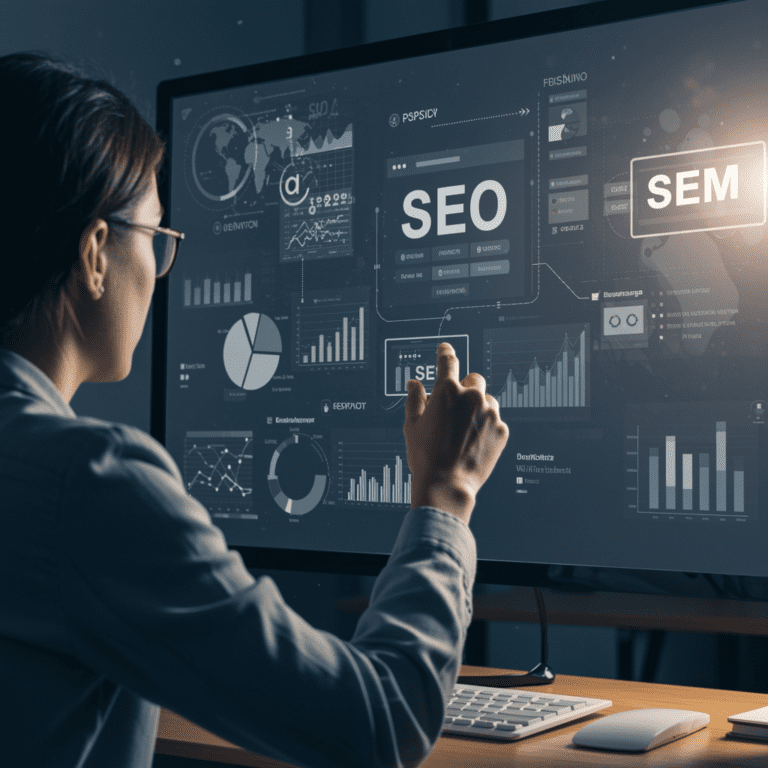 Especialista de marketing revisando datos de SEO, SEM y analítica web en pantalla digital.