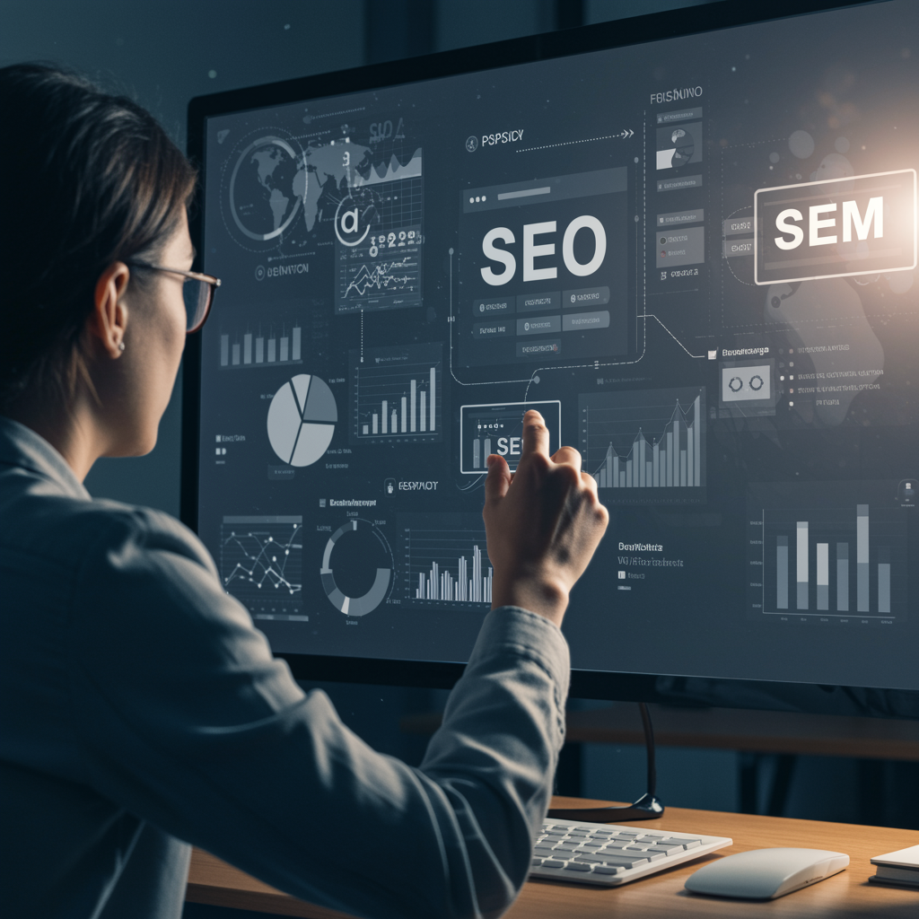 Especialista de marketing revisando datos de SEO, SEM y analítica web en pantalla digital.