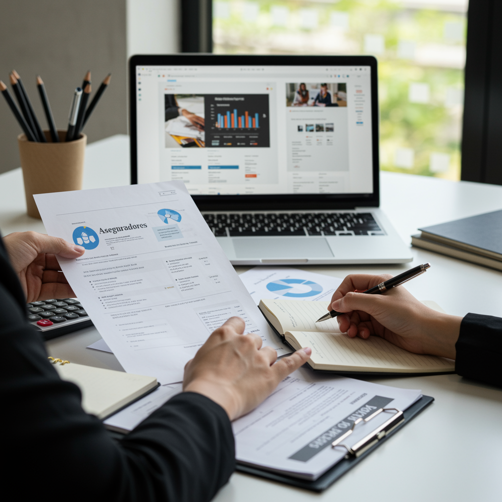 Mesa de oficina con folletos de seguros, documentos financieros, calculadora y laptop mostrando productos aseguradores, mientras una persona profesional toma notas, reflejando marketing y análisis financiero.