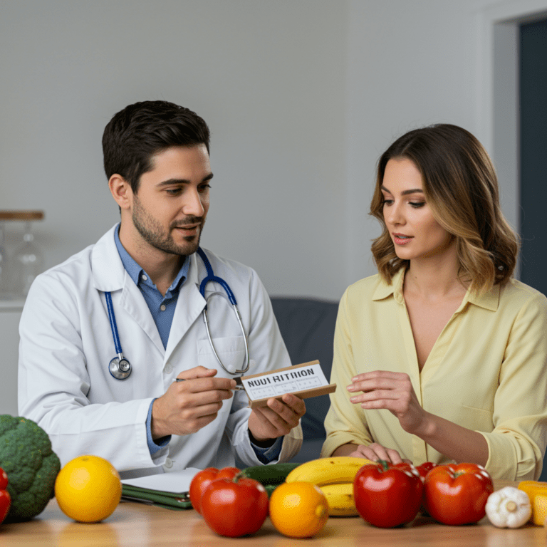 Consulta nutricional con personas hablando sobre metabolismo y equilibrio nutricional con alimentos saludables.