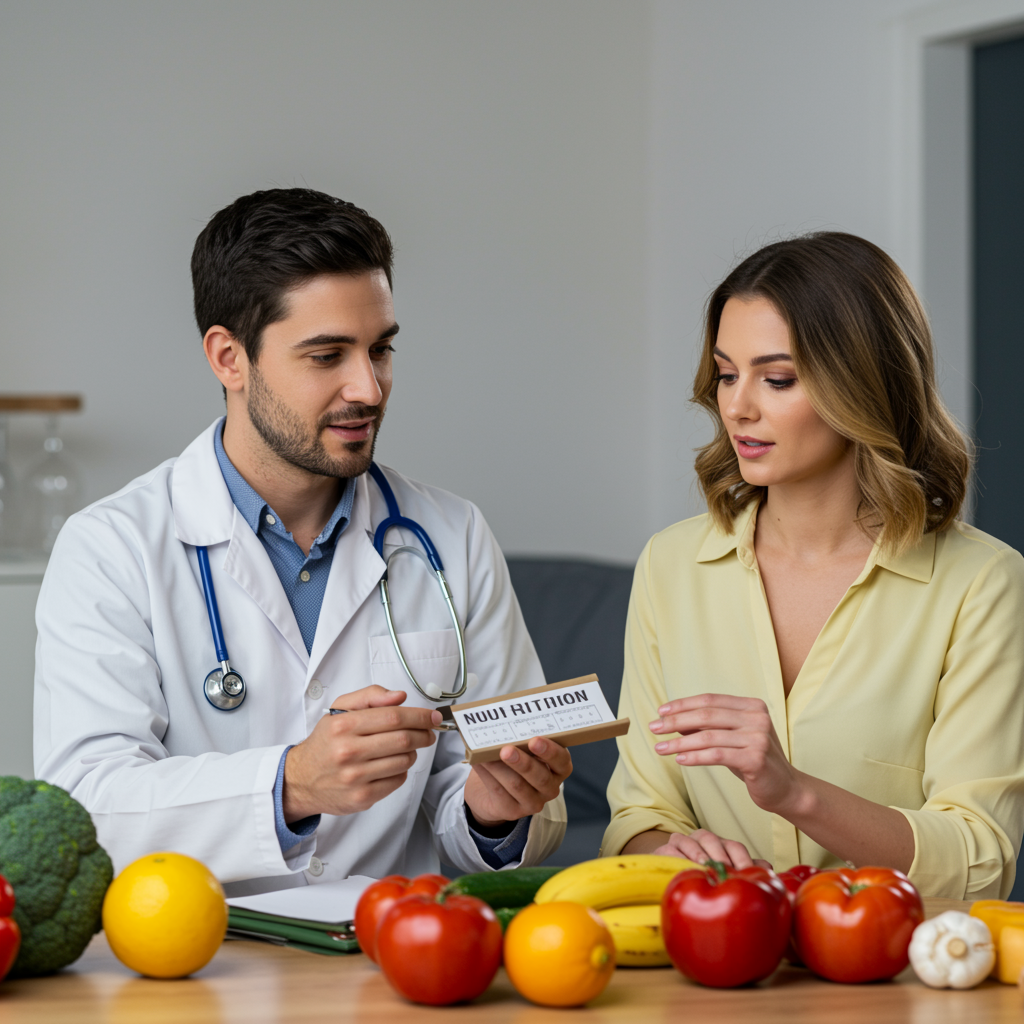 Consulta nutricional con personas hablando sobre metabolismo y equilibrio nutricional con alimentos saludables.