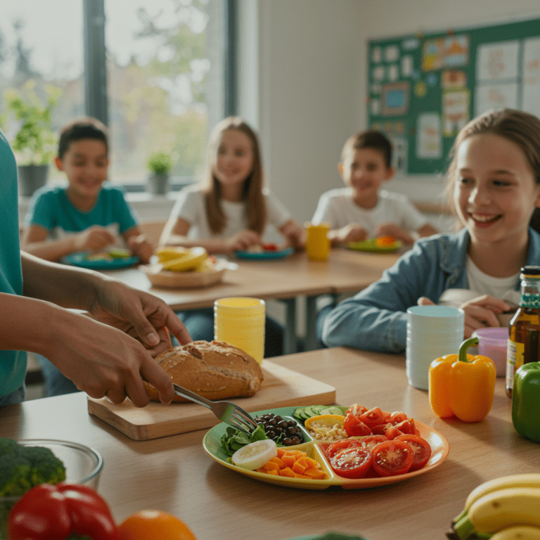 Persona cortando pan junto a un plato con verduras frescas y legumbres, mientras varios niños están sentados en una mesa con platos de comida saludable en un aula luminosa.