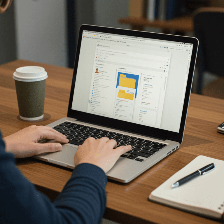 Profesional trabajando en Google Drive desde un espacio compartido, con documentos abiertos en el portátil.