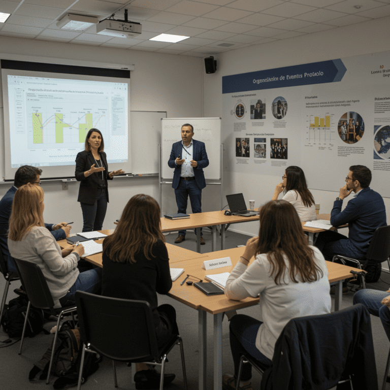Clase de formación en organización de eventos y protocolo con instructor explicando planificación de actos.