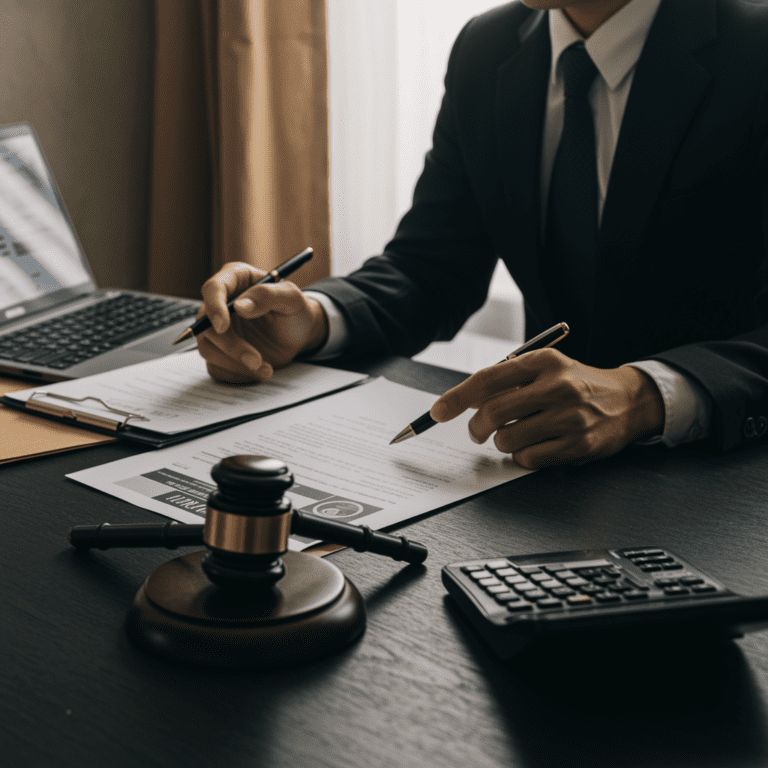 Oficial de cumplimiento revisando documentación legal sobre prevención del blanqueo de capitales en oficina.