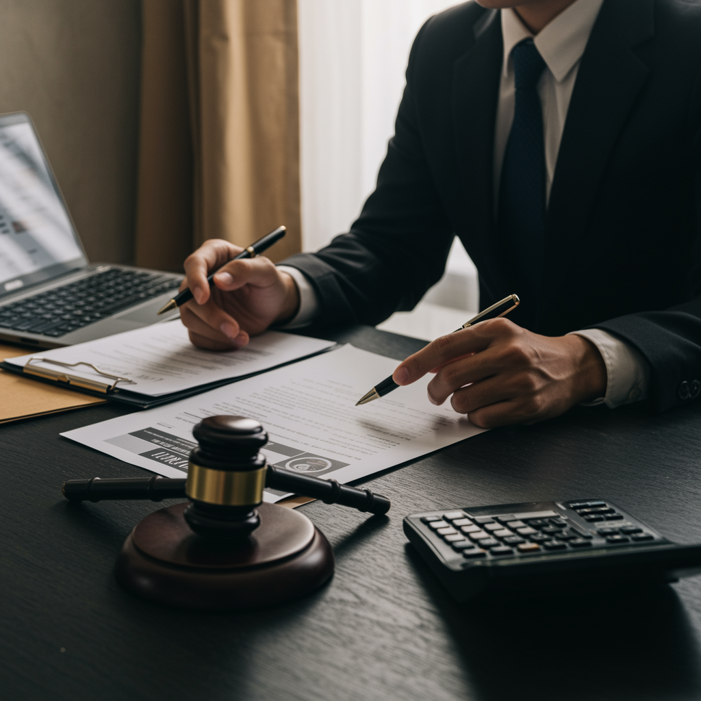 Oficial de cumplimiento revisando documentación legal sobre prevención del blanqueo de capitales en oficina.