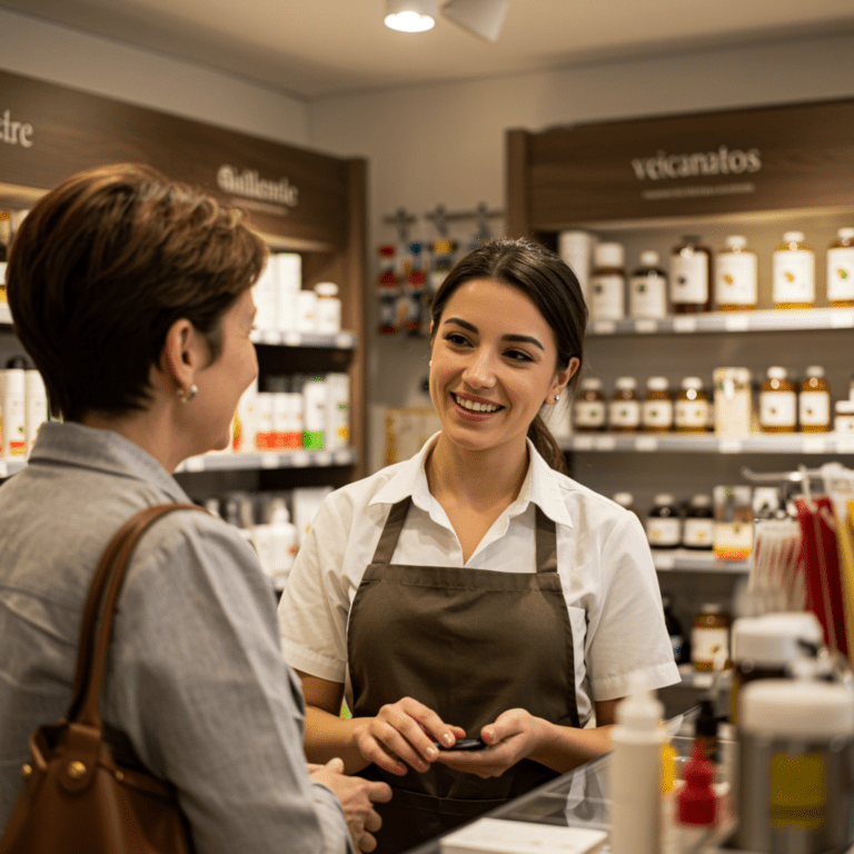 Dependiente interactuando con un cliente en una tienda pequeña, mostrando escucha y empatía.