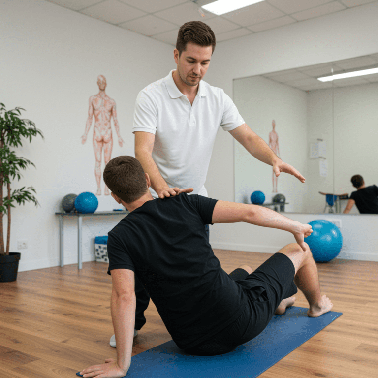 Fisioterapeuta guiando ejercicios para fortalecer la espalda.